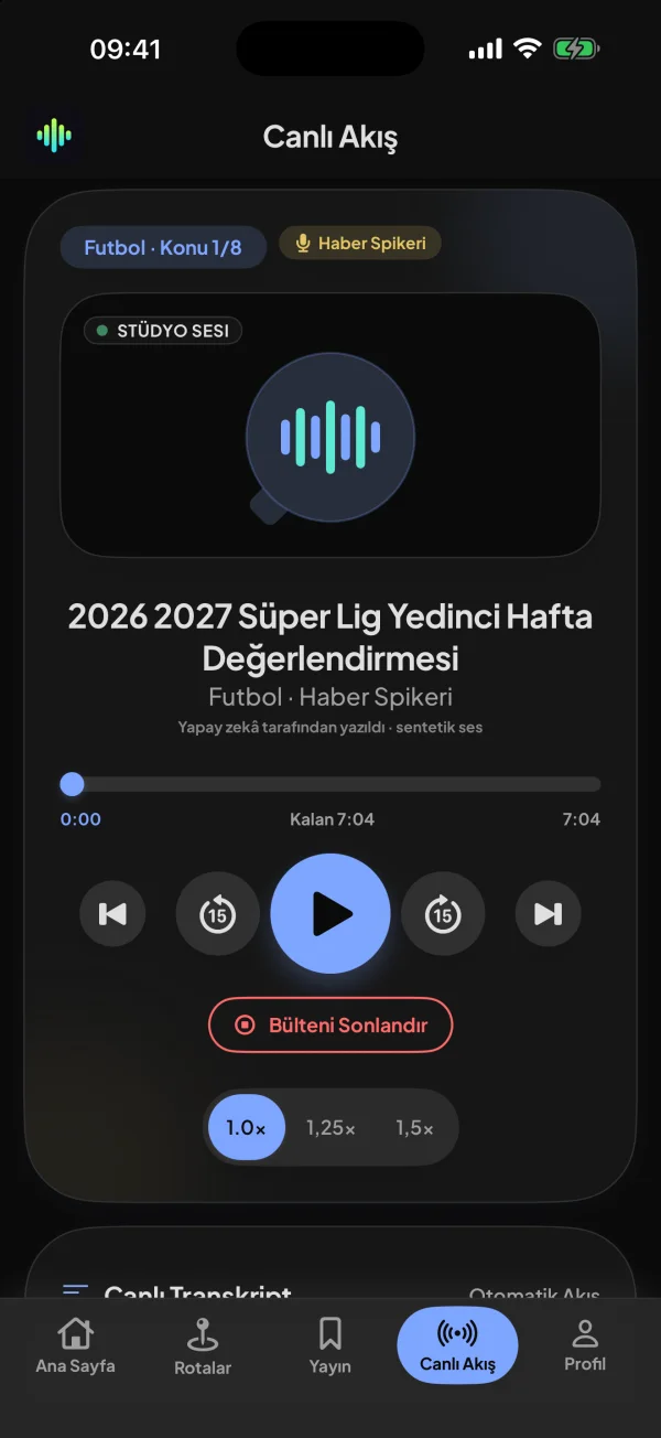 Raudio uygulamasında oynatılan örnek bülten ekranı